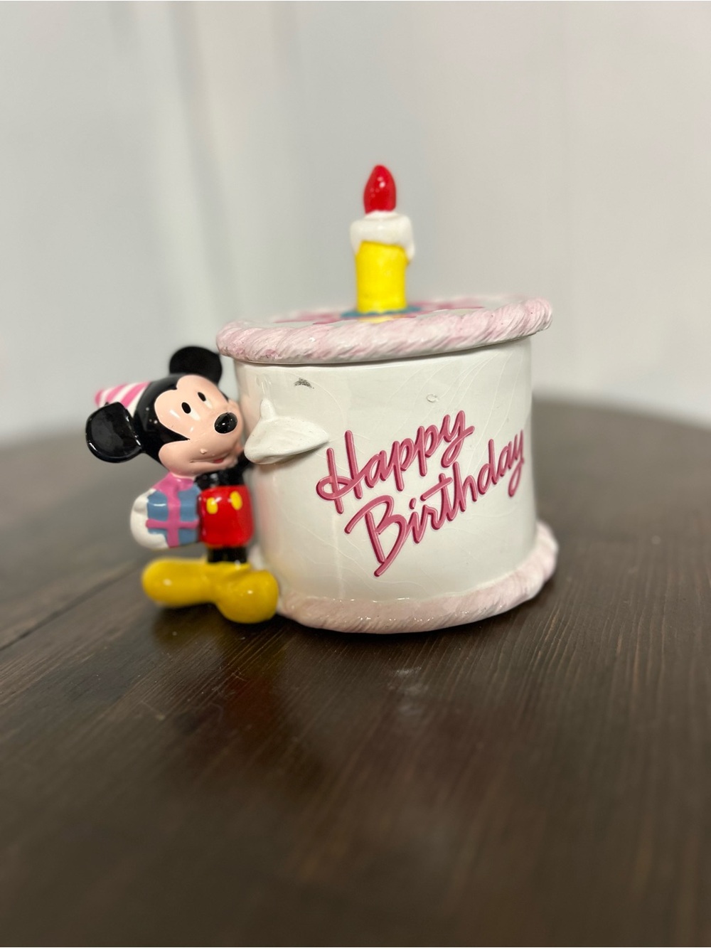 Vintage Disney Mickey Mouse Pink & White 'Happy Birthday' Cake Ceramic Jar